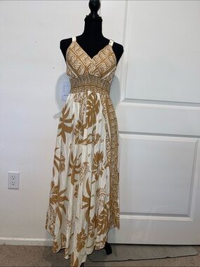 Women's Cream and Tan Printed Maxi Dress